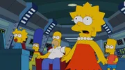 Die anfängliche Begeisterung weicht, als Lisa (2.v.r.), Bart (r.), Maggie (l.), Marge (2.v.l.) und Homer (M.) herausfinden, wo sie sind.