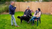 Hundecoach Andreas Ohligschläger (l) beim Training mit Halter Mike sowie Katrin (r) und ihrer Schäferhund-Mix-Hündin Stella