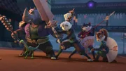 Usagi (M.) kämpft mit seinem Team - dem durchtriebenen Kopfgeldjäger Gen, der Echse Spot, der hinterlistigen Ninja Chizu und der dreisten Taschendiebin Kitsune (v.l.n.r.) - in der Stadt mit Yokai-Monstern.