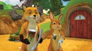 Fuchs und Hase ziehen los, um Müll zu sammeln und aufzuräumen.