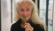 Die Frau schaut auf das Blatt der Pflanze, die sie in der Hand hält