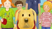 Anna, Simon und Conni freuen sich über den Hundebesuch in ihrem Kindergarten.