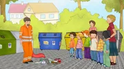 Klaus, der Müllmann erklärt den Kindern, worauf sie beim Müllsortieren achten müssen.
