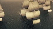 Ships from the Spanish Armarda glide over the ocean waves with full sails on display.
