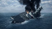 Japanese battleship, Yamoto, slips in to the East China Sea following a fatal air attack.