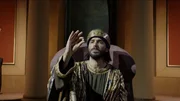Krösus betrachtet eine Münze.