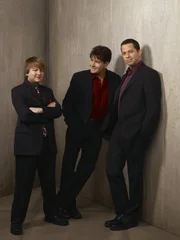 (5. Staffel) - Harte Männer: Charlie (Charlie Sheen, M.), Alan (Jon Cryer, r.) und Jake (August T. Jones, l.) ...