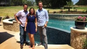 Starting from the left, Pool King Justin McGuire, designer Rachel Hayden, and Pool King Steve Terry pose in front of the beautifully finished Stankard pool.