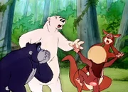 v.l: Rocco, Noah und Bumera sind entsetzt: Mandrill Rick hat eine echte Bienenkorb-Frisur.