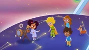 Der kleine Prinz, Charlotte, Elias und der Fuchs hören der Astronomin zu, die sich über Störgeräusche ärgert.