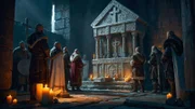 Illustration von Menschen vor dem Tempel