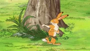 Der kleine braune Hase probiert einen Schwanz aus Zweigen aus.