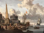 a fortified Mediterranean port with an obelisk and a galley moored nearby a fortified Mediterranean port with an obelisk and a galley moored nearby