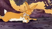 Der große braune Hase tröstet den kleinen Hasen und meint: Groß wird man von ganz allein und Mutigsein kann man lernen.