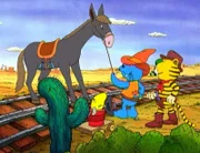 Auch im wilden Westen sollte man auf Eisenbahnschienen nicht stehen bleiben wissen Antje, der kleine Tiger und Schlüter.