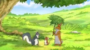 Der kleine braune Hase und die kleine Feldmaus würden gerne auf der Wiese spielen, doch die Sonne scheint viel zu heiß. Da weiß das kleine Grauhörnchen Rat. Es hat ein wunderschönes großes Blatt gefunden, das man als Sonnenschirm benutzen kann.