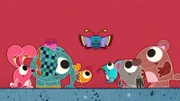 Auf meiner Schmusedecke ist richtig was los!  Hier wohnen viele Tiere zusammen, doch es gibt immer  ein Problem: hier ist das Huhn, sein Ei steckt fest! Da ist der Fisch ganz ohne Wasser - und der Fuchs  will immer alle mit Haut und Haaren fressen!