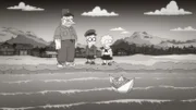 Um das Seemonster Homerzilla zu besänftigen, wirft Abraham (l.) ihm täglich einen Donut ins Meer. Bart (M.) und Lisa (r.) finden dies zwar überflüssig, aber begleiten ihren Großvater dorthin ...