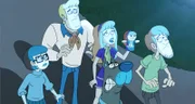 L-R: Velma Dinkley, Fred Jones, Daphne Blake, Shaggy Rogers und Scooby-Doo.