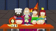 Kenny (l.), Chef (2.v.l.), Stan (3.v.l.), Excalibur Sorcerer (m.), Kyle (vorne, 2.v.r.), Eric (vorne, r.), Excalibur Barker (hinter, r.)