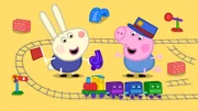 Linus Löffel (l.) ist zu Besuch bei Schorsch (r.). Die beiden Jungs wollen spielen und einen tollen Nachmittag miteinander verbringen. Doch auch Peppa und ihre Freundin Luzie Locke wollen sich vergnügen. Ob sich die vier auf ein gemeinsames Spiel einigen können?