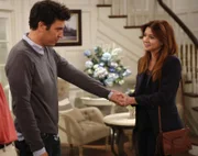 Auf dem Weg nach Long Island für ihr Hochzeitswochenende stoßen Barney und Robin auf eine alarmierende Entdeckung im Hinblick auf die Familie, während Lily (Alyson Hannigan, r.) versucht, Ted (Josh Radnor, l.) zu überzeugen, Robin endlich loszulassen ...
