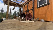 Johnny Rolfe bereitet ein Tierfell vor, um es in ein Kleidungsstück zu verwandeln. (National Geographic für Disney)