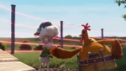 Schaf Billy und Huhn Flo begutachten den neuen Laser-Zaun, den der Bauer um ihr Grundstück gezogen hat. Der Coop Troop sitzt auf dem Bauernhof fest.