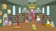 Papa Wutz hat ein Buch zu lange ausgeliehen. Die ganze Familie fährt in die Bibliothek, um es zurückzugeben. Dort finden sie noch viele weitere Bücher, die sie ausleihen können.