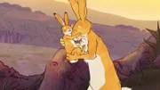 Der große Hase und der kleine Hase beschließen den schönen Tag mit einem Gute Nacht-Kuschel.