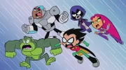 v.li.: Beast Boy, Cyborg, Robin, Raven, Starfire