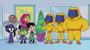 Raven (l.), Cyborg (2.v.l.), Beast Boy (3.v.l.), Starfire (4.v.l.), Robin (4.v.r.)