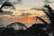 Sonnenaufgang hinter Palmen am Meer auf der Insel Mauritius.