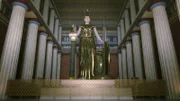 Im Innern des Parthenons stand die kolossale Statue der Athene, Göttin der Weisheit, Schutzpatronin und Namensgeberin der Stadt. (3D-Grafik)
