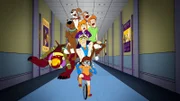 Houndbeast (l.), Velma Dinkley (unten), Fred Jones (oberhalb von Welma), Scooby-Doo (oben, l.), Daphne Blake (oben, m.), Shaggy Rogers (oben, r.)