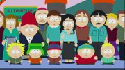 Hinter: Sheila (3.v.l.), Gerald (4.v.l.), Liane (5.v.l.), Sharon (4.v.r.), Randy (3.v.r.), Linda (2.v.r.), Stephen (r.). Vorne, l-r: Tweek, Kyle, Stan, museum guide, Eric, Butters.