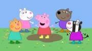 Am Talent-Tag sollen die Kinder in der Spielgruppe etwas vorführen, das sie gut können. Was führt Peppa (Mitte) wohl vor?