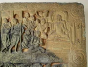 Plaque from a stupa depicting seated Buddha venerated by five disciples, Amaravati School, Nagarjunakonda (marble) by Indian School, (4th century); height: 82 cm; Musee Guimet, Paris, France;