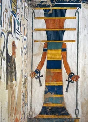 Egypt, Thebes, Luxor, Valley of the Queens, Tomb of Nefertari, Annex to burial chamber, Mural paintings, 'Djed' pillar represents Osiris' backbone bearing resurrection bone marrow within, Has arms and hands holding ankh