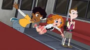 L-R: Zack Underwood (voiced by Mekai Curtis), Melissa Chase (voiced by Sabrina Carpenter), Milo Murphy (voiced by "Weird Al" Yankovic)