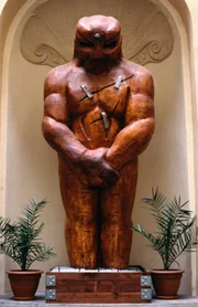 Golem / A wooden Golem in Karlova. The creation of a golem, a man crafted out of clay, was created by Rabbi Yehudah Loevy ben Bezalel (the Maharal) of Prague to protect 16th century Jews from persecution.