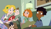 L-R: Sara Murphy (voiced by Kate Micucci), Milo Murphy (voiced by 'Weird Al' Yankovic), Melissa Chase (voiced by Sabrina Carpenter), Zack Underwood (Mekai Curtis)