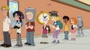 From fourth in a row:  Milo Murphy (voiced by 'Weird Al' Yankovic), Sara Murphy (voiced by Kate Micucci), Zack Underwood (Mekai Curtis), Melissa Chase (voiced by Sabrina Carpenter)