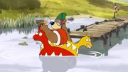 Dr. Brumm und Pottwal schwimmen auf dem See.