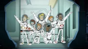 v.li.: Lt. Feigenbaum, Velma Dinkley, Shaggy Rogers, Fred Jones, Scooby-Doo, Daphne Blake, Captain Lewis