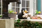 Rabe Rudi (Werner Knoedgen) sitzt auf dem Brunnenrand und hält seinen Teddy im Schnabel.
