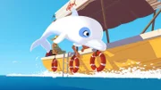 Der weiße Delfin Zoom springt vor Freude aus dem Wasser. Neben ihm im Boot sitzen sein Freund Yann und Jack, die auf der Suche nach einer versunkenen Galeone sind. Ein neues Abenteuer steht bevor.