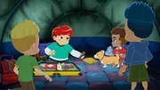 Jackson, Billy, Vik und Pedro zelten.