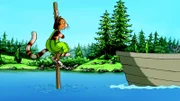 Findus ist aus dem Boot gefallen, kann sich mit Mühe über Wasser halten und hofft, dass Pettersson ihn rettet.