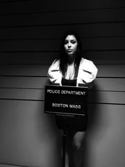 Robin Benedict mug shot for Boston PD in black and white.